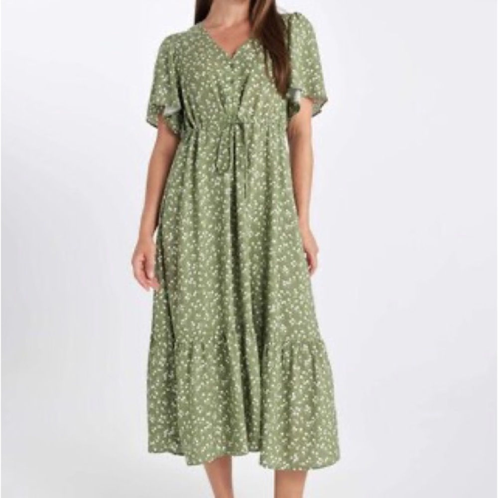 V-Neck Patterned Short Sleeve Midi Dress